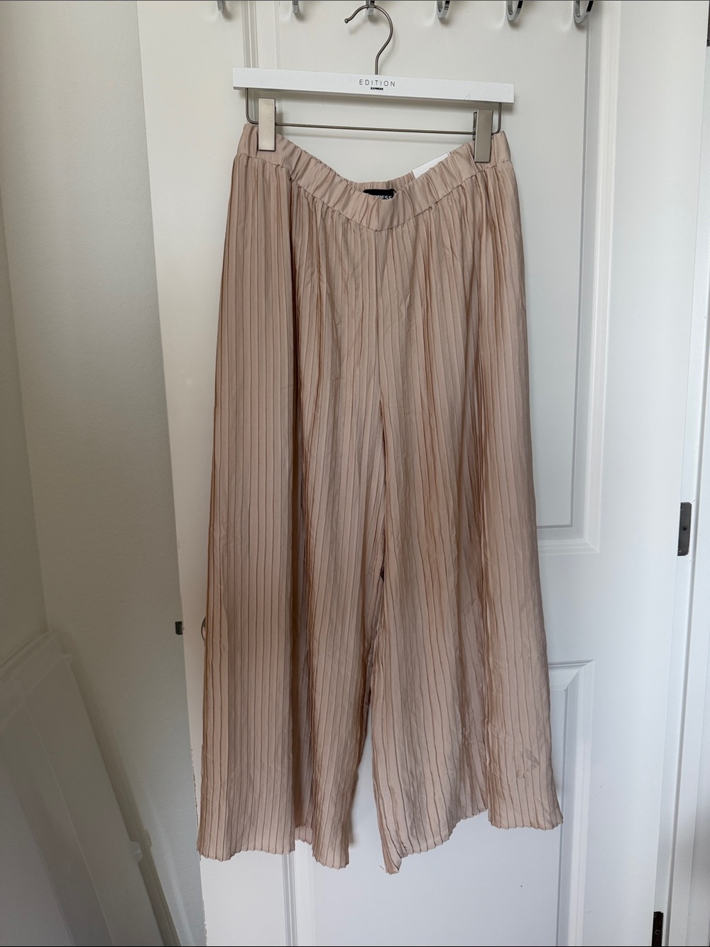 Express Pleated Wide-Leg Pants in Light Beige